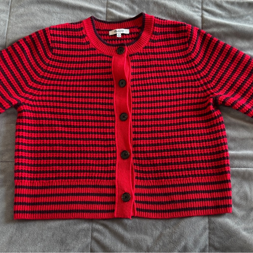 Madewell Vibrant Red and Black Striped wool Cardigan